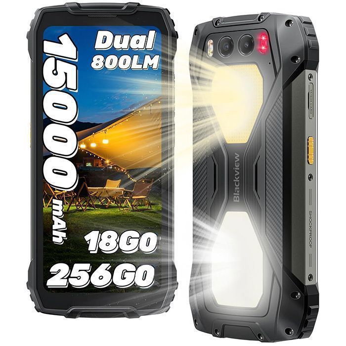 Blackview BV7300 Téléphone portable Incassable 6.67 90Hz 18Go+256Go 50MP 15000mAh Android 1450MP+32MPNFCGPSFace ID- Noir
