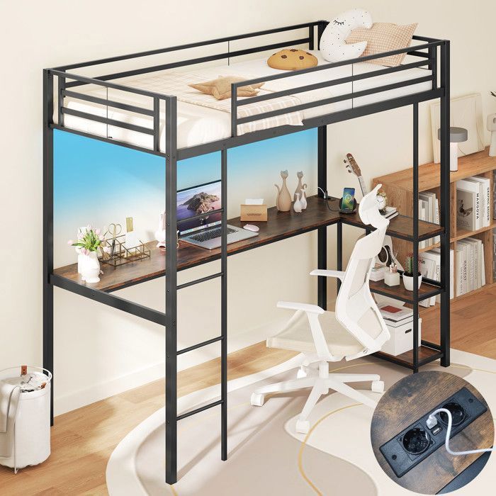 Lit Mezzanine 90 x 200 cm COSTWAY avec Bureau LED Contrôlé par APP Station de Charge et Rangement Garde-corps de Sécurité Noir