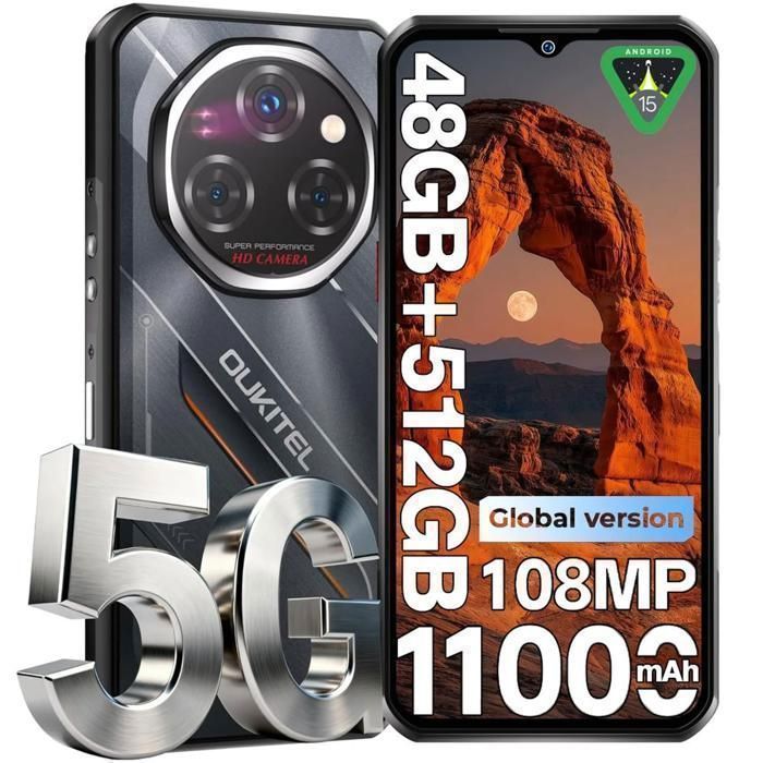 OUKITEL WP62 5G Smartphone Incassable 48Go+512Go 6.6 FHD+ 11000mAh 108MP Telephone Portable Android 15 Double SIM/NFC/IP68 Noir