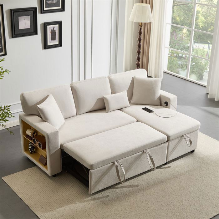 DRIPEX Canapé 3 Places en forme de L Canapé-lit convertible avec Port USB Coffre et étagère de rangement intégrée Beige