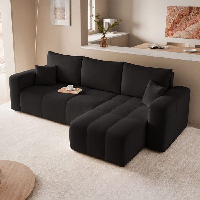 Canapé dangle Réversible PEDRO - 4 places - Convertible avec Coffre - Tissu Velours - Anthracite