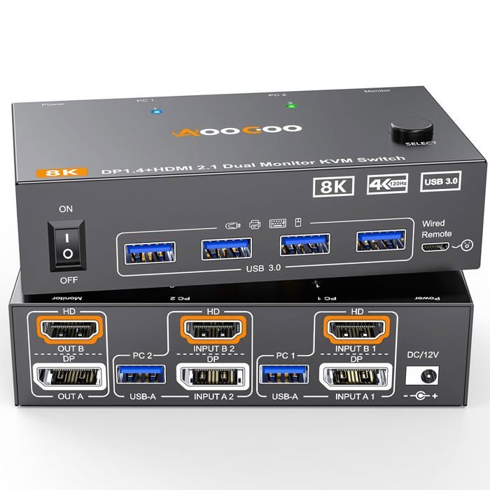 Commutateur KVM 2 PC 3 écrans - Support 8K60Hz HDMI+DisplayPort, 4 Ports USB 3.0, Modes Copie/extension