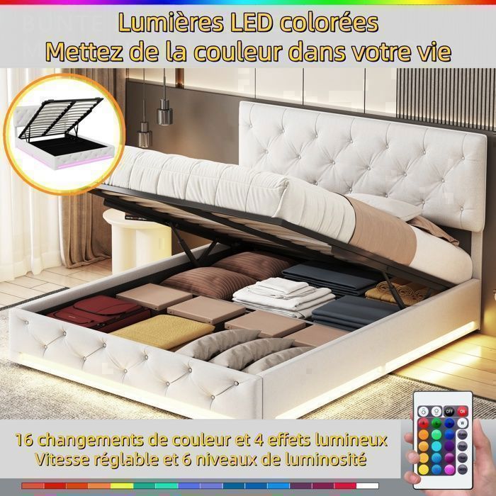 Lit Coffre 160x200 - Lumières LED - Sommier à lattes - Lit Double avec Rangement - Tête de lit avec hauteur réglable - Lin - Beige