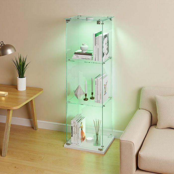 Vitrine en Verre LED ADWOLT 39.8x35x123.3cm Vitrine pour Collection avec Serrure 1 portes 3 étages lampe à tapoter Blanc
