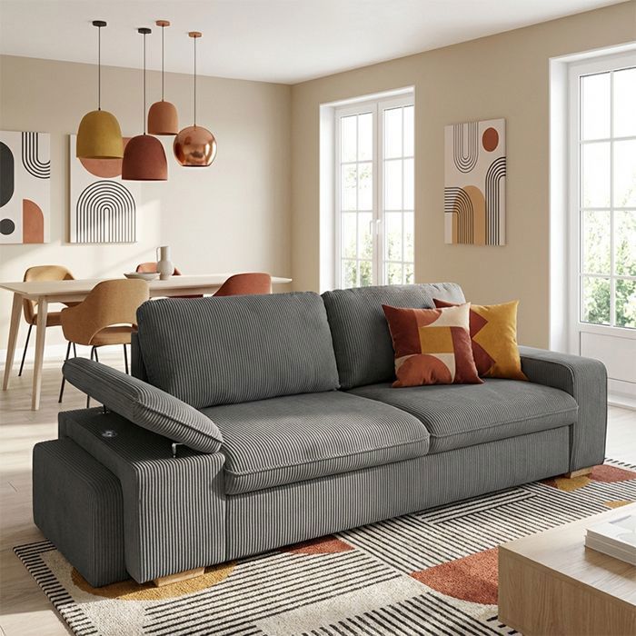 ALYA Canapé droit reversible convertible Gris ANTHRACITE (velours côtelé ) - Taille S - 3 places - 254 x 91 x 83