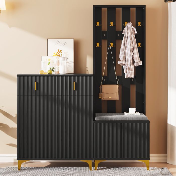 Ensemble Meuble d’entrée Moderne Vestiaire avec Banc à Chaussures et Coussin Armoire à Chaussures avec Tiroirs Noir Ensemble Meuble d’entrée Moderne Vestiaire avec Banc à Chaussures et Coussin Armoire à Chaussures avec Tiroirs Noir