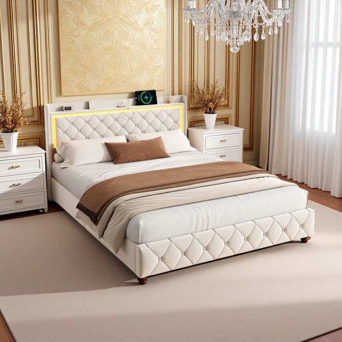 Lit coffre - Lit coffre velours beige (140x190) - Rangement multidimensionnel - LED RGB + ports USB/Type-C - Sommier inclus