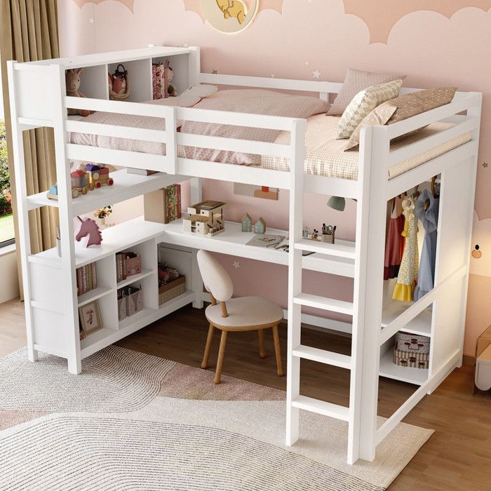 Lit mezzanine 140x200 cm avec bureau et armoire Lit enfant avec échelle et étagères Lit double avec plusieurs compartiments