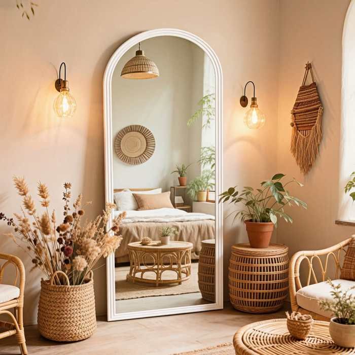 Miroir pleine longueur arqué miroir haute définition réglage flexible durable élégant et polyvalent 160x50cm blanc