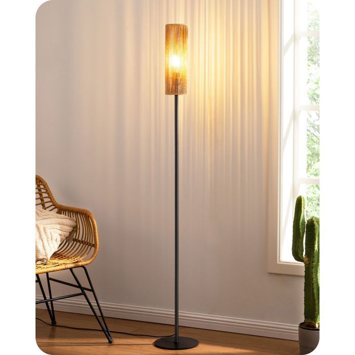 EDISHINE Lampadaire sur Pied Salon avec E27 Ampoule LED 2700K Abat-jour en Corde Tissée Interrupteur à Pédale 165 cm