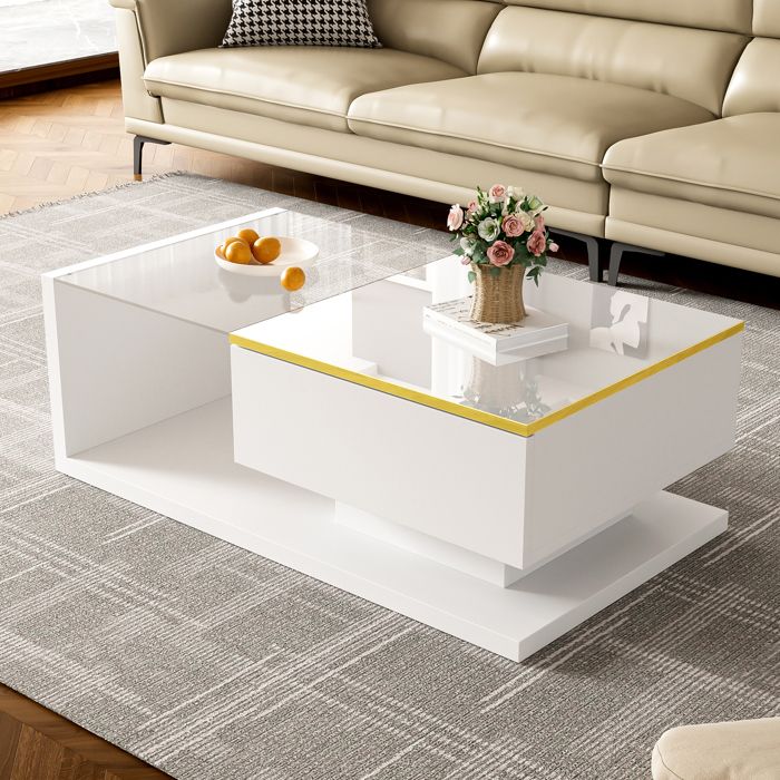 Table basse 90×50 cm blanche laquée plateau verre trempé et LED 16 couleurs – Style moderne
