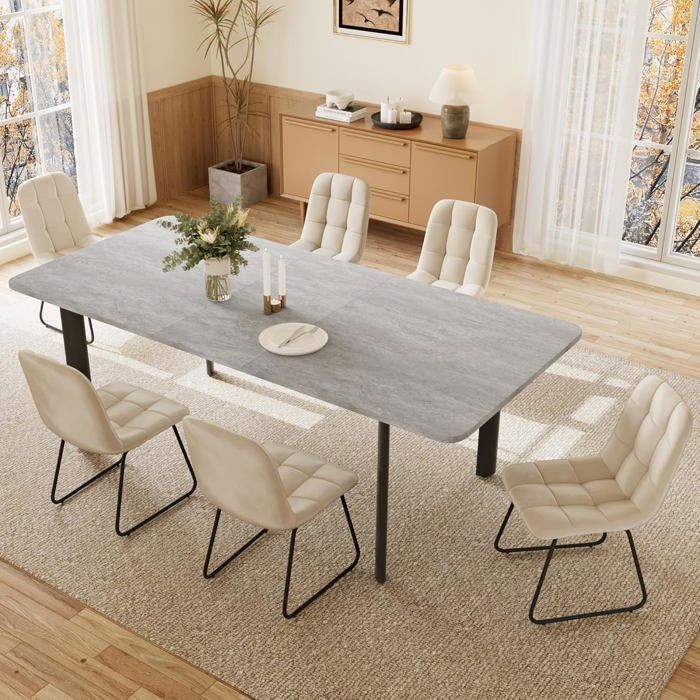 Ensemble table à manger avec chaises pour le salon (table 160-200 cm + 6 chaises beiges avec pieds en U)