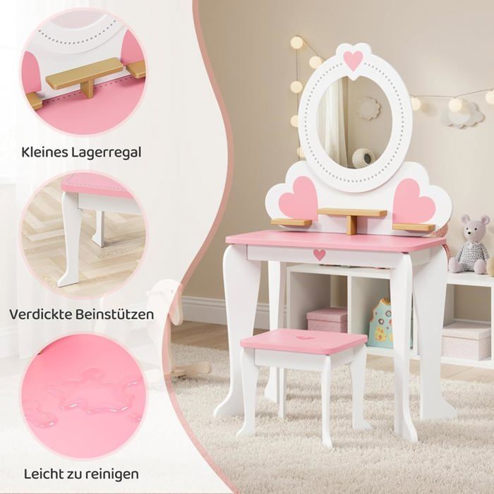 Coiffeuse Enfant avec Miroir et Tabouret Coiffeuse pour Fille 50x33x91cm
