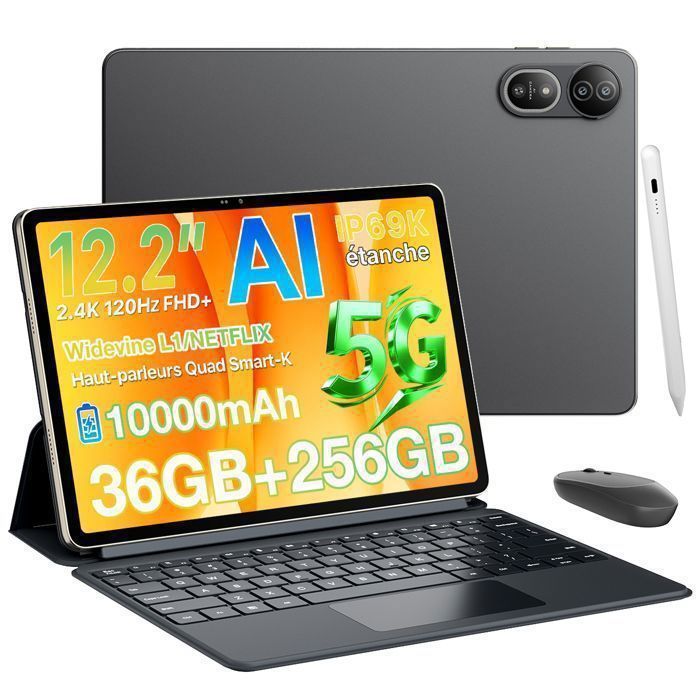 Blackview Mega 12 5G Tablette Tactile IP69K étanche 12.2 2.4K Écran 120Hz 36Go + 256Go 10000mAh/55W 50MP Tablette PC GPS - Noir