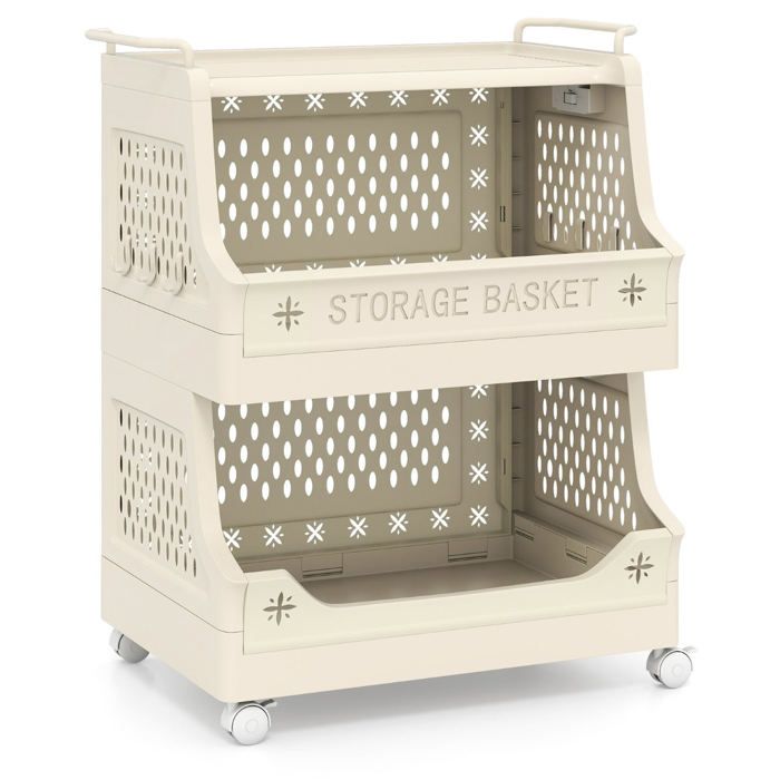 Paniers à linge - HELLOSHOP26 - Empilable moderne - Pliable - Roulettes verrouillables - 2 étagères ajourées