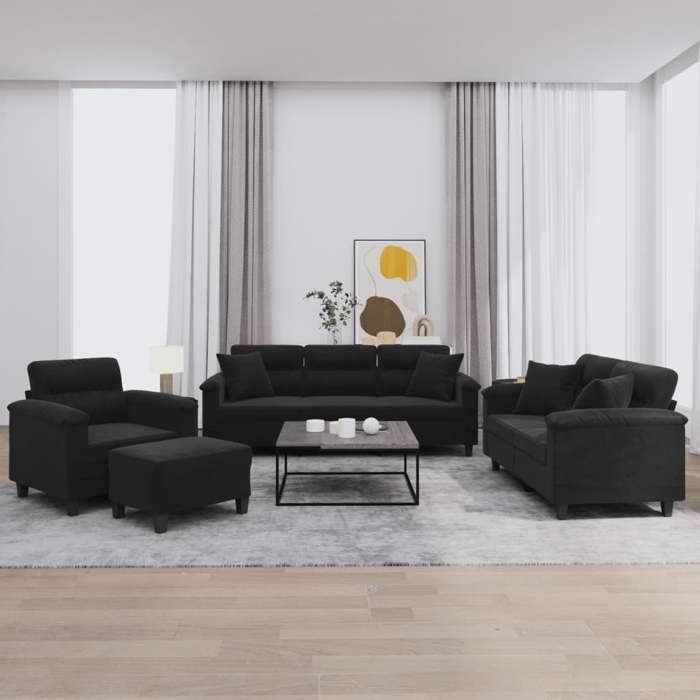 Ensemble de canapés en tissu microfibre - vidaXL - 4 pièces - Noir - Microfibre - 60x50x41 cm (repose-pied)
