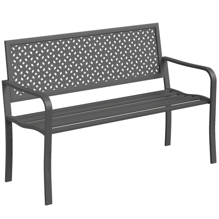 Banc de jardin - Outsunny - dossier géométrique - avec accoudoirs - métal antirouille - 2 places - gris foncé