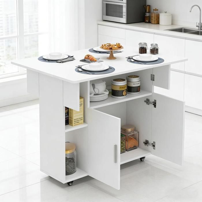 SUPFINE Table Pliante avec 2 Abattants avec 1 Armoire et 3 étagères Ouvertes Table de Cuisine Salle à Manger sur Roulettes