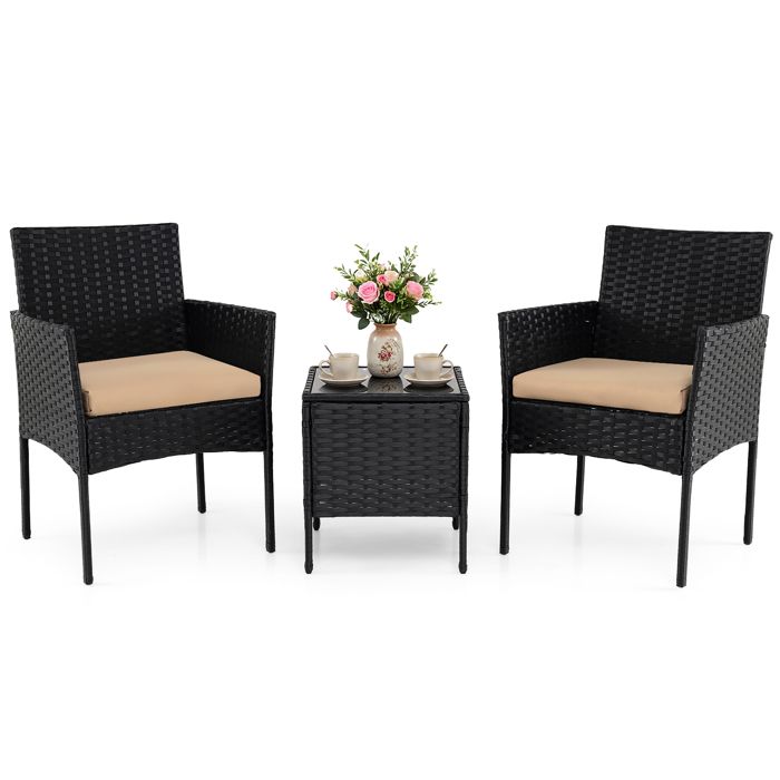 COSTWAY Ensemble 3 PCS Table et Chaises de Jardin Extérieur en Rotin PE Coussin Amovible Jaune Table en Verre Trempé Cadre Métal