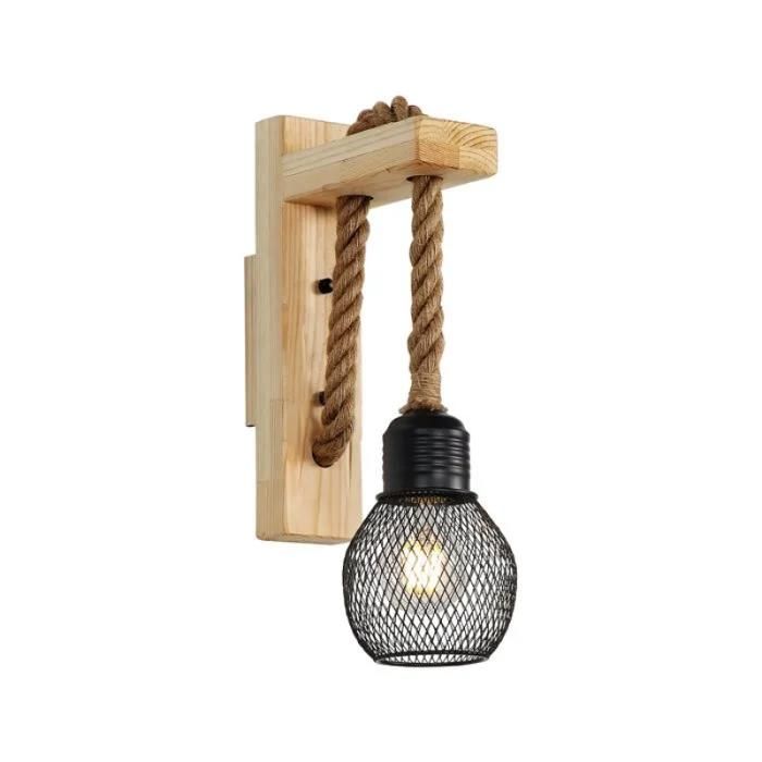 Applique Murale Rustique Bois Lampe E27 Abat-jour Cage en fer Noir en Corde de chanvre Lampe Murale interieur(Sans Ampoule LUSTRE