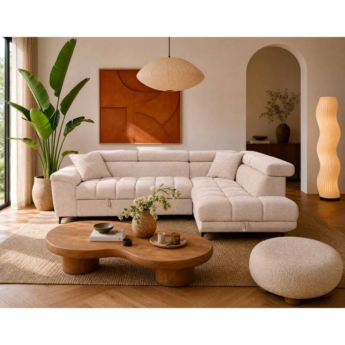 Camille - Canapé dangle droit 5 places convertible avec têtières et coffre en velours texturé - Beige