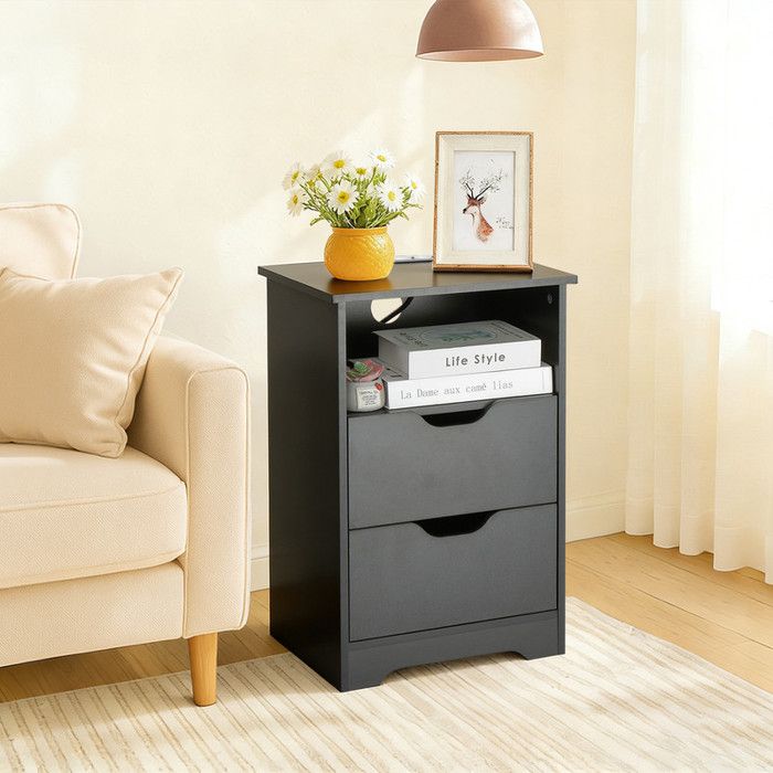 Table de Chevet avec Multiprise Tiroirs et Compartiment Ouvert Style Moderne Noir