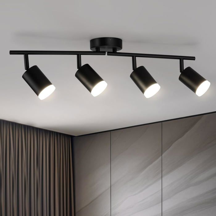 Plafonnier LED orientable-KAL-Plafonnier LED Noir 4 Spots Orientable GU10 pour Cuisine Bureau Salon