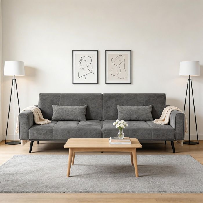 Canapé‑lit convertible - W3607P371125 - Velours côtelé gris - Dossier réglable - 3 places (175×71×71 cm)