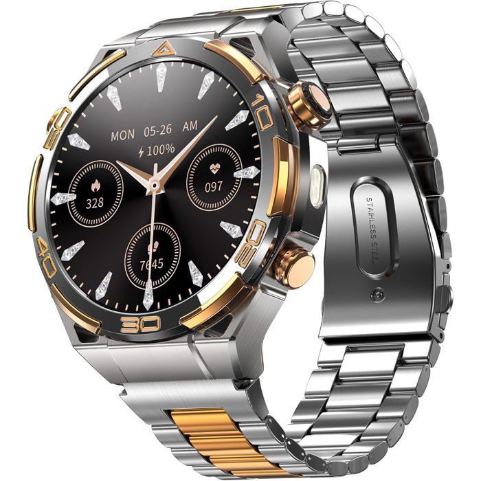 Montre Connectée Homme 14K Or Luxe Avec Ia Chatgpt Écran Amoled Hd 1.43 Gps Intégré Lampe De Poche Boussole Appels Blu[MB130]