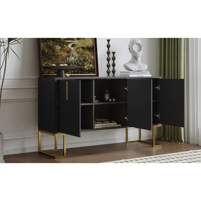 COVREO Buffet bas 3 portes 138 x 40 x 80 5 cm avec étagères réglables MDF noir et base métallique