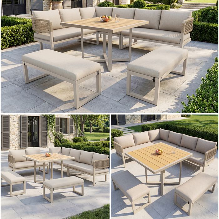 Salon de jardin dangle beige 8 à 10 personnes avec 3 canapés doubles 2 bancs et table carrée effet bois