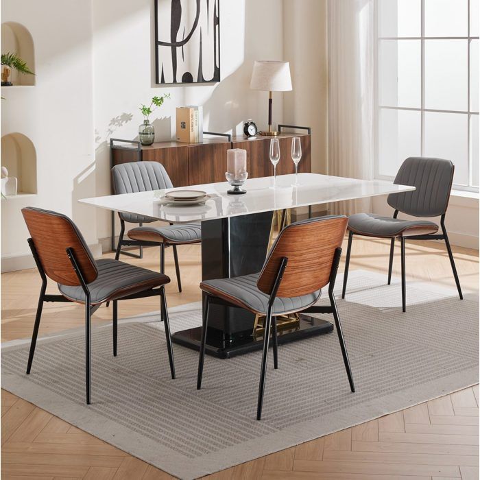 Lot de 2 chaises de salle à manger style mid-century simili cuir gris dossier en bois courbé pieds métal