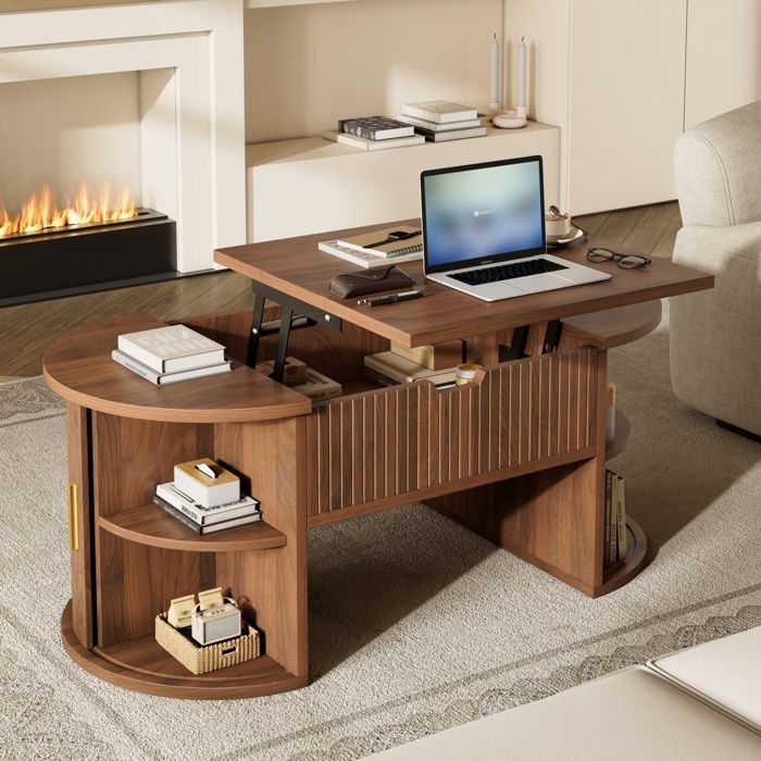 Table Basse Relevable 100x50x40 5 cm COZHYESS Table de Salon Portes Coulissantes Étagères Ouvertes Rangement Caché - Noyer