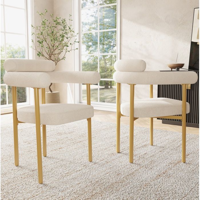 Chaises de Salle à Manger Lot de 2 Dossier Ergonomique et Assise Large Rembourrée Tissu Aspect Daim Beige Métal Doré - UVRION