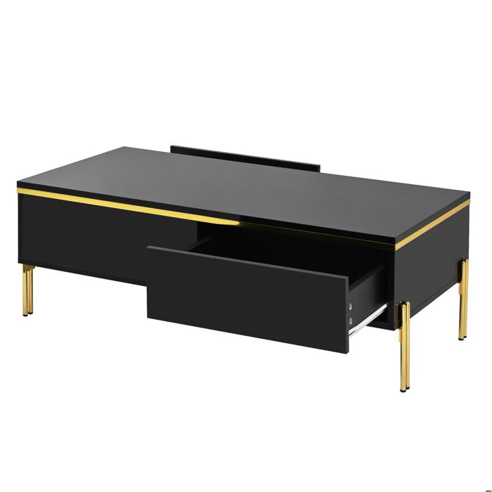 WOVREO Table basse 100 x 50 x 36 cm noir et or avec 2 tiroirs dissimules finition brillante partielle