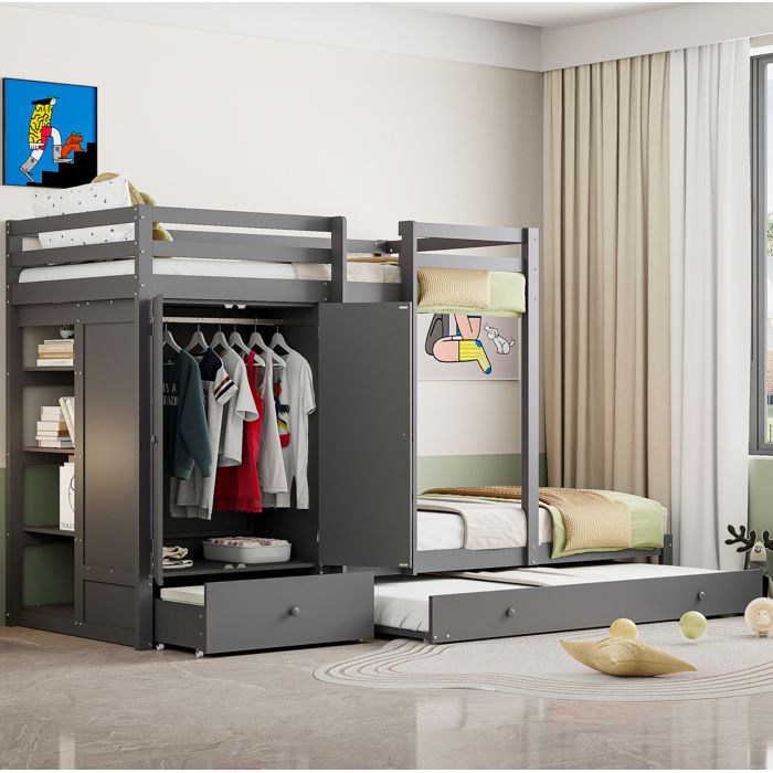 WOVREO Lit superposé 90x200 avec lit gigogne armoire intégrée tiroirs et étagères bois massif gris