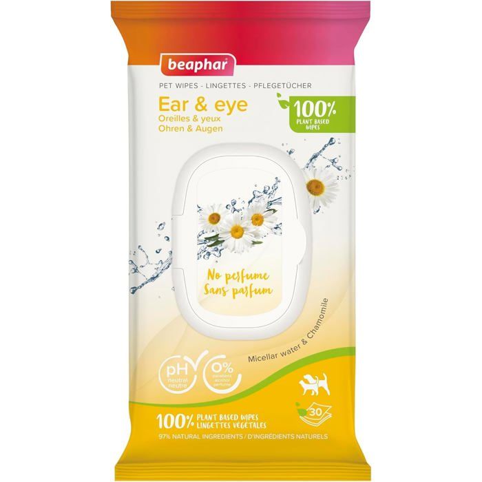 Lingettes Oreilles & Yeux 100% végétales pour Chien et Chat – 97% Ingrédient naturels – À leau Micellaire et à la Camomille – 0%