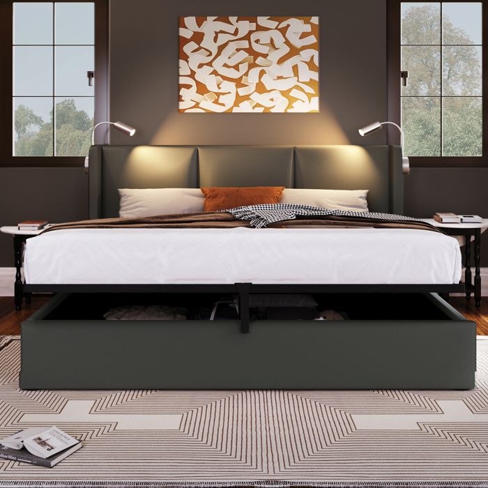 Lit 180x200 avec Sommier LED et USB Lit Coffre 180x200 avec Rangement et Tete Lit Double en Lin Gris(Sans Matelas)