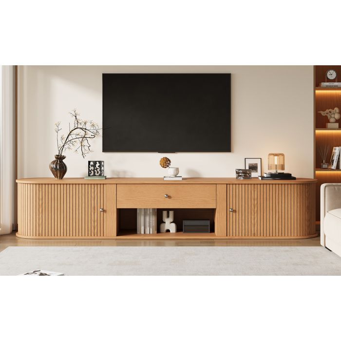 Meuble TV bas 180 x 40 x 40 cm couleur bois naturel avec 2 portes à enroulement 1 tiroir et 1 niche ouverte