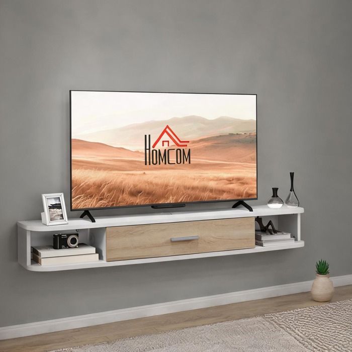 Meuble TV mural flottant 120 cm blanc MDF 2 niches et placard relevable