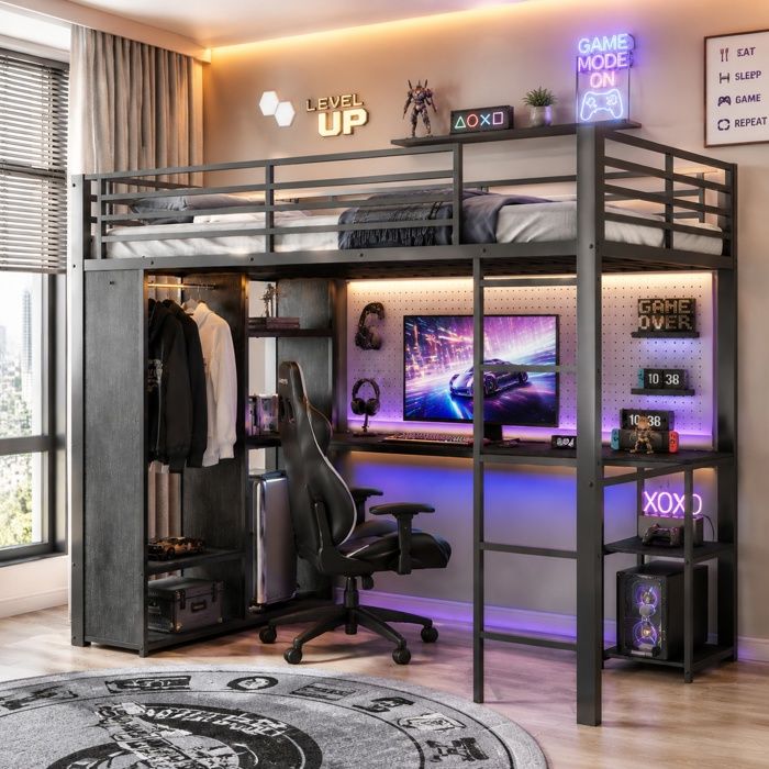 Lit superposé haut noir 90x200cm - cadre métal robuste charge 240kg bureau intégré étagères prises USB-C LED penderie ouverte