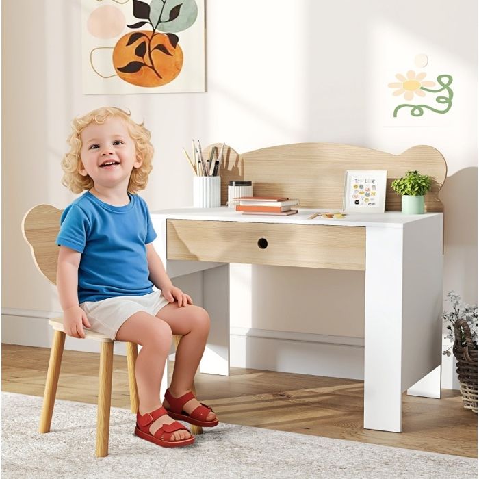 Bureau enfant avec chaise AESVAR tiroir bois naturel et blanc dossier ours 80 x 41 x 74 5 cm