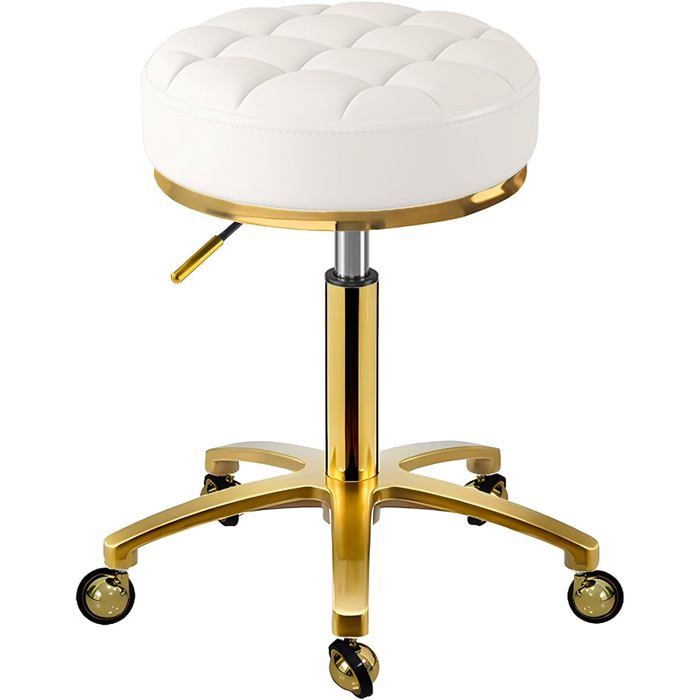Tabouret Roulant Doré Pivotant Cuir Coussin Rond Chaise Avec Roulettes Réglable Hauteur De 43 À 55Cm Tabourets De Bureau Pou[IN21]