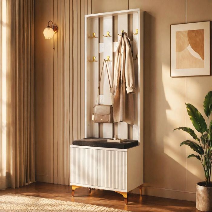 Meuble d’entrée vestiaire avec banc à chaussures coussin crochets dorés portes ondulées blanc VEVXYN