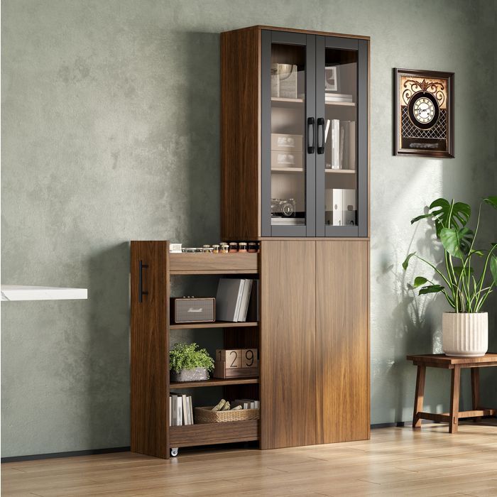 Meuble rangement cuisine étroit 60x30x180 cm armoire haute avec portes vitrées chariot coulissant et roulettes Grjofek