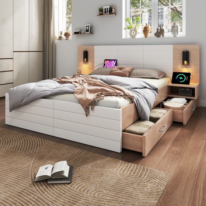 Lit double 160x200 avec rangement tête de lit lampe USB 2 tables de chevet sommier bois MDF TYNQER