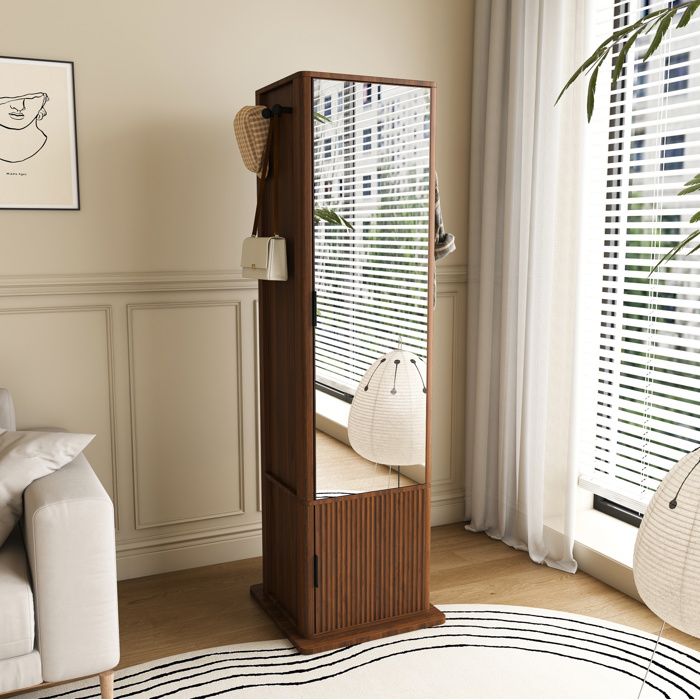 Armoire Miroir Pivotante 4 En 1 Noyer Foncé Miroir Sur Pied FloraGrace Pour Chambre Sans Montage 50x50x170cm