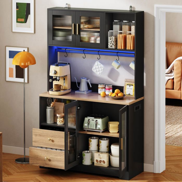 Buffet de Cuisine Armoire - Meuble de Rangement Cuisine - Buffet Salon - 4 Portes - 2 Tiroirs - avec LED RGB Prise USB- Noir