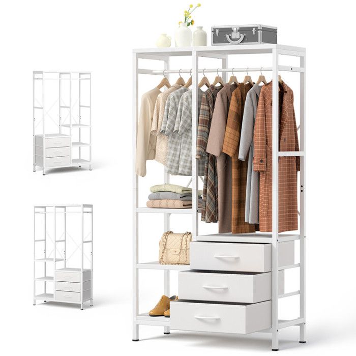 Armoire Ouverte avec 3 Tiroirs et Penderie 150 kg Design Réversible étagères ouvertes stable pour chambre entrée buanderie