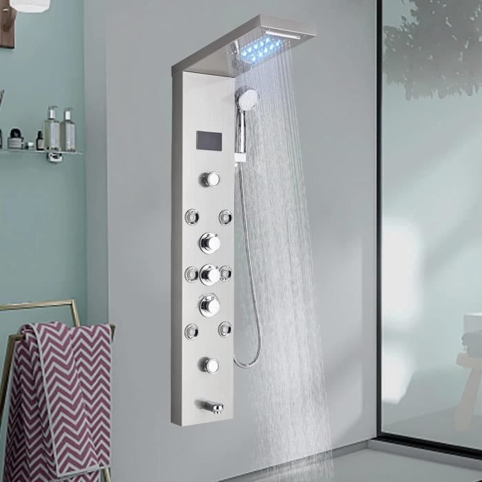 Panneau De Douche Numérique – Pluie, Cascade, Massage – Nickel Brossé – Neuf